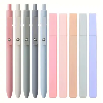 Gel Pen & Highlighter Pen Set, including 5 Morandi Color Bible Highlighters & 5 Black Ink Gel Pens, Office School Supplies