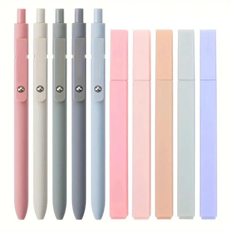 Gel Pen & Highlighter Pen Set, including 5 Morandi Color Bible Highlighters & 5 Black Ink Gel Pens, Office School Supplies