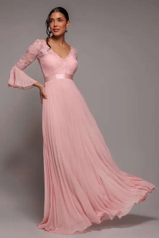 Goddiva Scalloped Lace Bodice Pleated Chiffon A Line Maxi Dress - Blush Pink