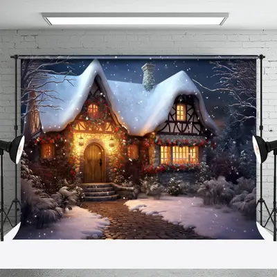 Warm Light Snowy Stone House Photo Winter Backdrop - Aperturee