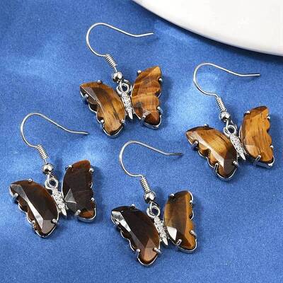 Natural Tiger Eye Brass Dangle Earrings
