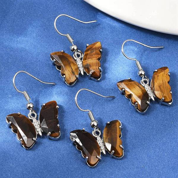 Natural Tiger Eye Brass Dangle Earrings