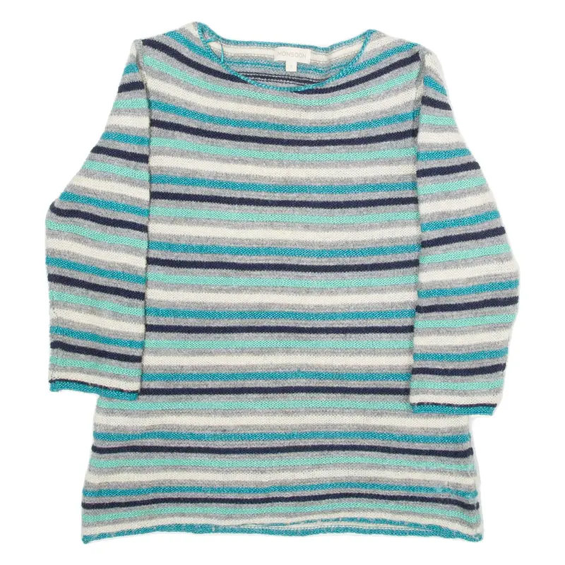 MONSOON Womens Jumper Blue Striped Tight Knit 3/4 Sleeve S