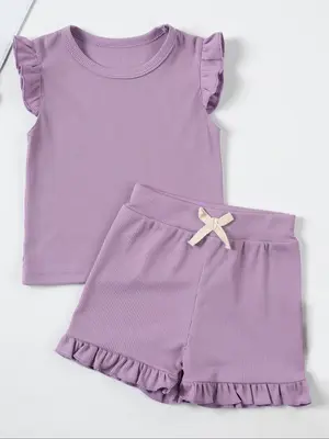 Two-Piece Set Toddler Girl's Solid Ruffle Trim Tank Top and Bow Front Shorts Set, Summer Clothes, Summer Outfits 2024, Casu...