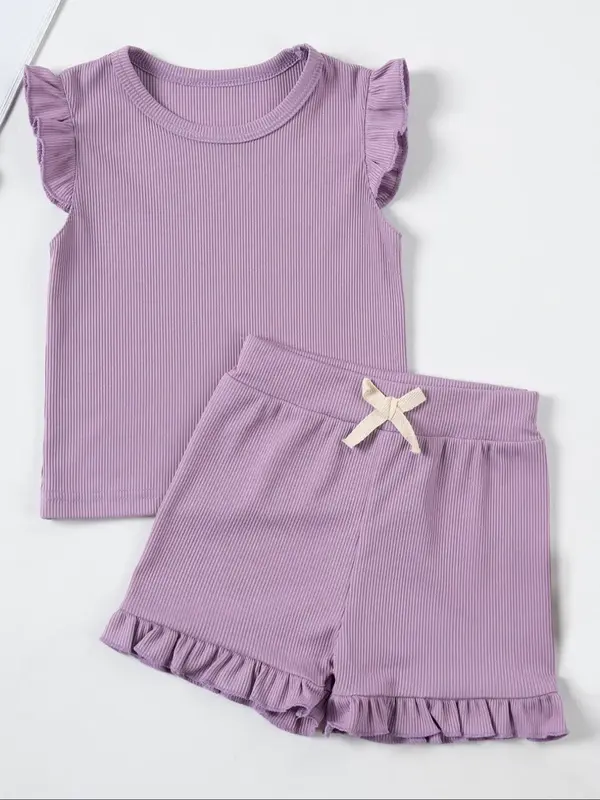 Two-Piece Set Toddler Girl's Solid Ruffle Trim Tank Top and Bow Front Shorts Set, Summer Clothes, Summer Outfits 2024, Casu...