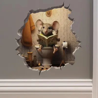 Cute Mouse Sitting on Toilet Pattern Wall Sticker, Creative 3D Wall Decal, Decorative Sticker for Home Living Room Bedroom Ba...