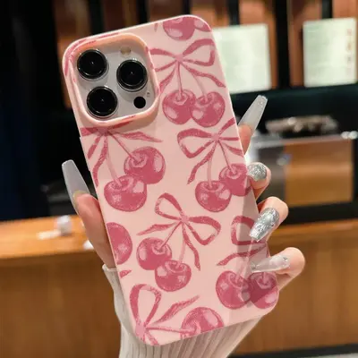 Cherry & Bow Pattern Phone Case, 1 Count Anti-drop Phone Protective Case, Total Protective Shockproof Phone Cover for iPhone ...