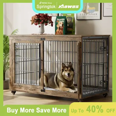 【FallDealsForYou】AOWOS Wooden Dog Crate Furniture, Stylish Dogs Kennel for Small to Extra Large, Double Door & A Cushion ...