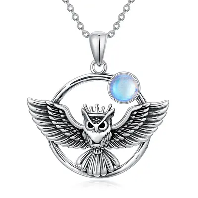 Sterling Silver with Black Plated Moonstone Owl Pendant Necklace