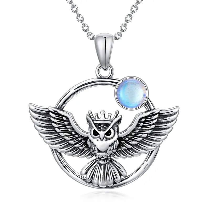 Sterling Silver with Black Plated Moonstone Owl Pendant Necklace
