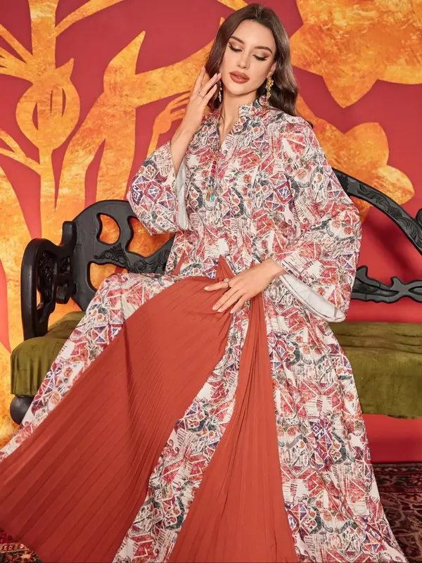 Women's Random Print Open Front Abaya, Elegant Long Sleeve Outerwear for Daily Wear, Ladies Islamic Clothing for All Seasons