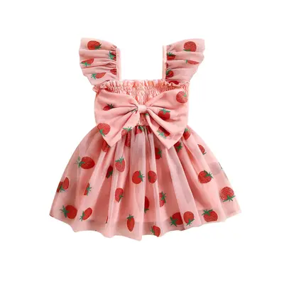 Baby Girl Tulle Dress Ruffle Sleeve Square Neck Strawberry Print Dress Toddler Princess Dress