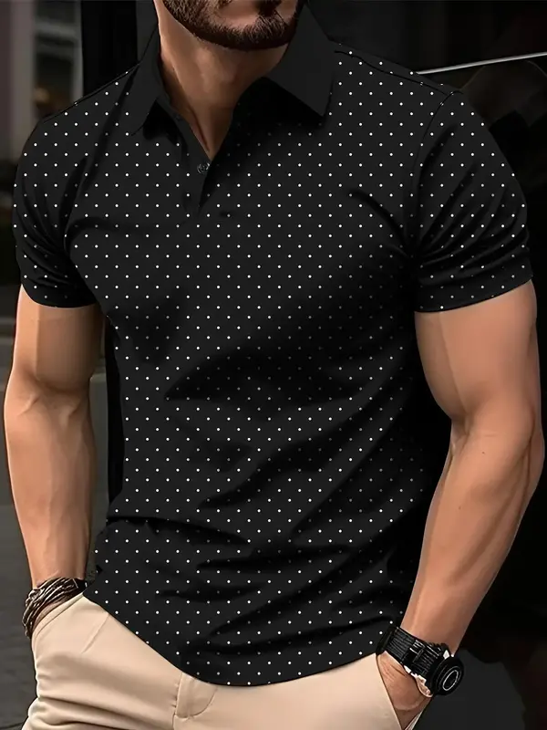 Men's Polka Dot Print Short Sleeve Polo Shirt, Casual Regular Fit Button Front Top for Summer, Fashion Men's Clothes for Dail...