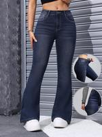 Women's Plain Flare Leg Jeans, Casual Slim Button Fly Pocket Design Denim Bootcut Trousers for Daily Wear, Ladies Flared Pant...