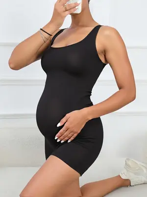 Women's Solid Color Seamless Ribbed Maternity Romper, Casual Comfy Breathable Sleeveless Tank Romper for Yoga Gym Workout, Ma...