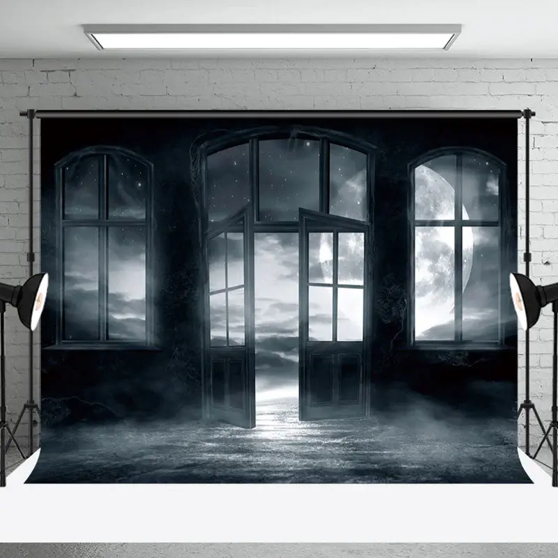 Moon Starry Foggy Window Door Photo Backdrop - Aperturee