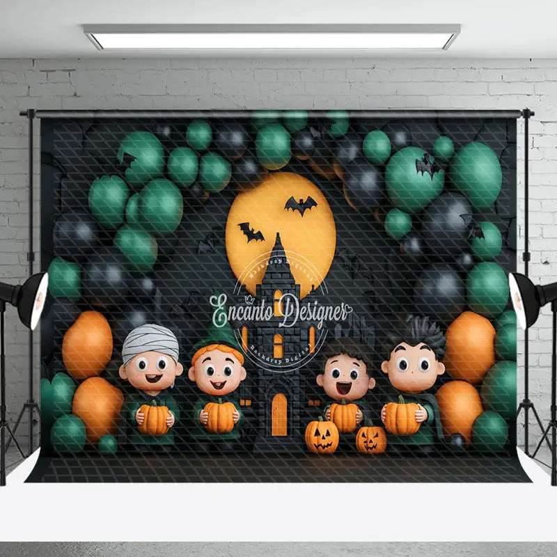 Aperturee Black Green Balloon Castle Pumpkin Halloween Backdrop - Aperturee