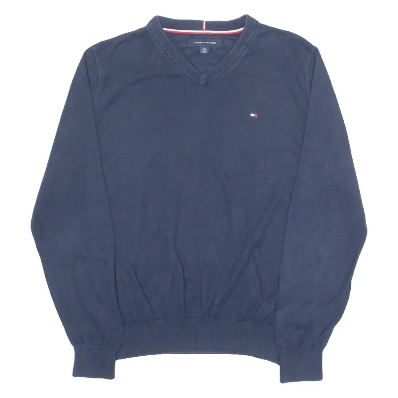 TOMMY HILFIGER Mens Jumper Blue V-Neck Tight Knit XS