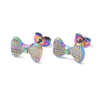 Ion Plating(IP) 304 Stainless Steel Grooved Bowknot Stud Earrings for Women