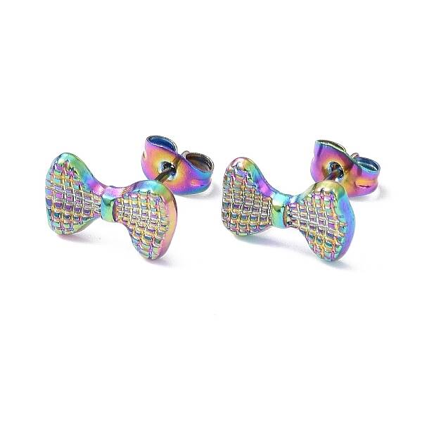 Ion Plating(IP) 304 Stainless Steel Grooved Bowknot Stud Earrings for Women