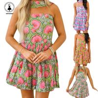 Women Tube Dress Summer Casual Floral Print Backless Mini Dress and Scarf for Cocktail Party Beach Streetwear