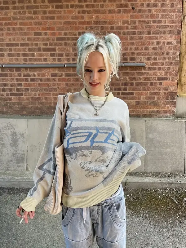 Women's Drop Shoulder Sweater, Fashion Casual Graphic Round Neck Jumper for Daily Outdoor Wear, Women Knitwear for Spring & F...