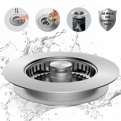 Hibbent All Metal Kitchen Sink Strainer Stopper Combo - Stainless 3-in-1 Pop Up Sink Drain Strainer with Handle Rod for US St...