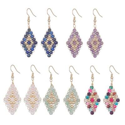 Natural Mixed Gemstone Beaded Rhombus Dangle Earrings