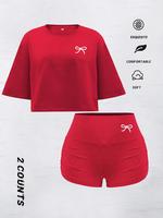 Women's Butterfly Print Crop Tee & Shorts Set, Casual Short Sleeve Round Neck T-shirt & Skinny Shorts, Ladies Summer Clothes,...