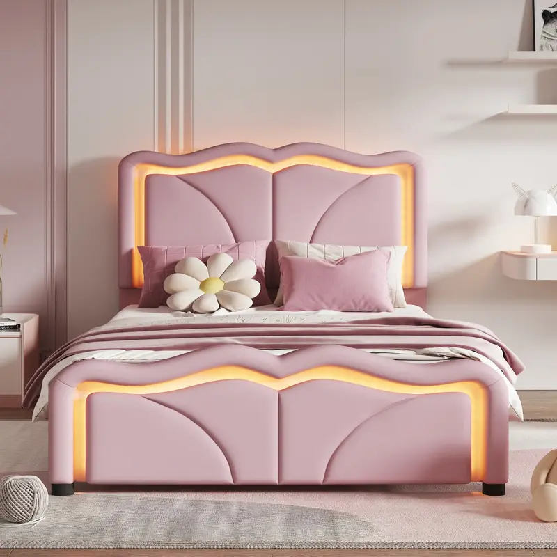 Twin/Full Size Upholstered Platform Bed with Curve Shaped Headboard, Height-Adjustable, LED Light Strips, Pink
