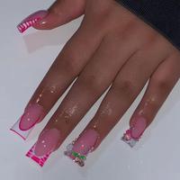 Rhinestone & Cherry Decor Fake Nails with 1 Nail File & 1 Sticker Sheet (24pcs/box), French Style Duckbill Shaped Press On Na...