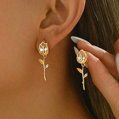 Elegant Tulip Brass Pave Clear Cubic Zirconia Stud Earrings