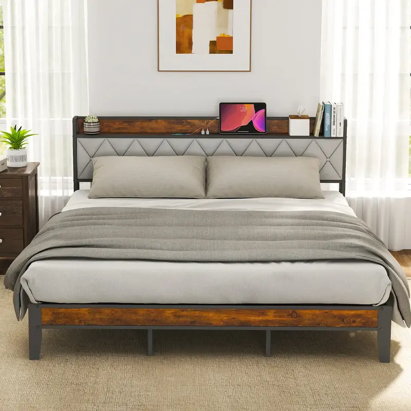 Full Bed Frame with Headboard, Underbed Storage, Built-in Charging Ports, Sturdy Noiseless Design, Tool-Free Assembly, No Box...