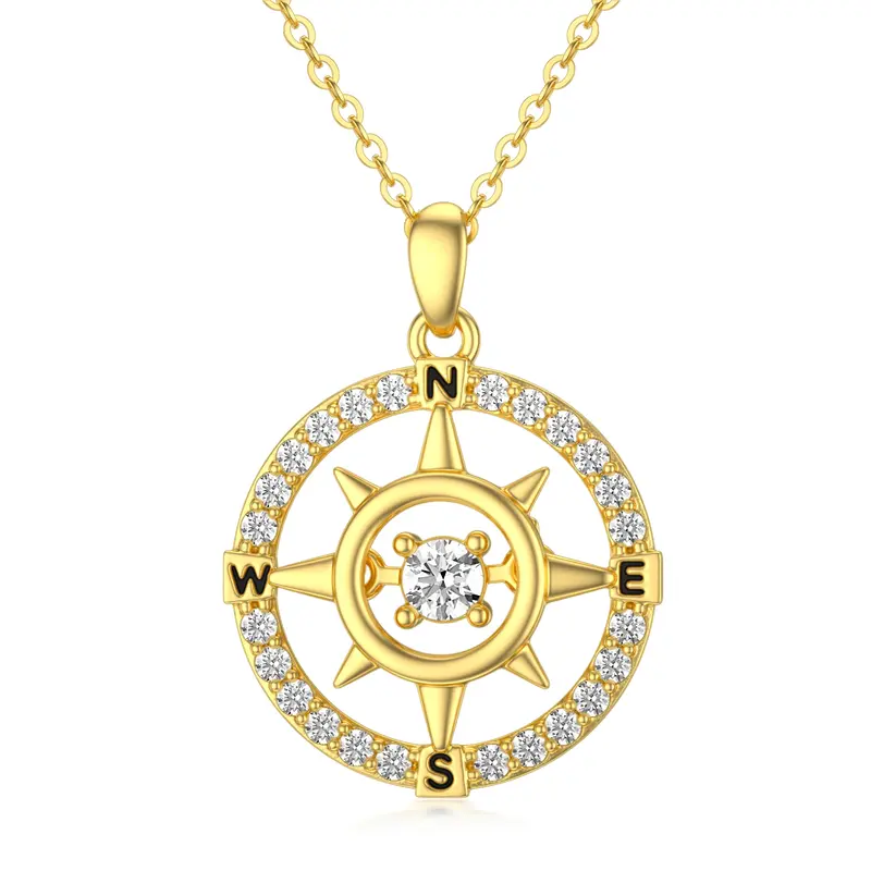 14K Gold Circular Cubic Zirconia Compass Pendant Necklace With Letter For Women