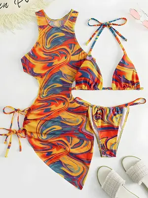 Three-Piece Set Women's All Over Print Cut Out Swimsuit Sets, Drawstring Dress & Triangle Swim Top & High Cut Swim Bottom, ...