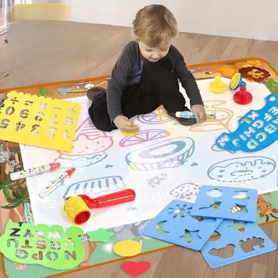 Magic Water Drawing Mat Painting Kit, 1 Set Drawing Doodle Pad with Stamps Templates & Water Pens, Creativity DIY Art Supplie...