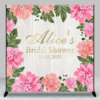 Pink Flowers Beige Wood Custom Bridal Shower Backdrop