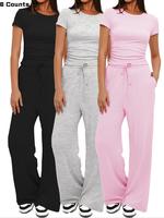 Women's Solid Crop Top & Drawstring Wide Leg Pants Lounge Two-piece Set, Casual Comfy Round Neck Short Sleeve Top & Trousers ...