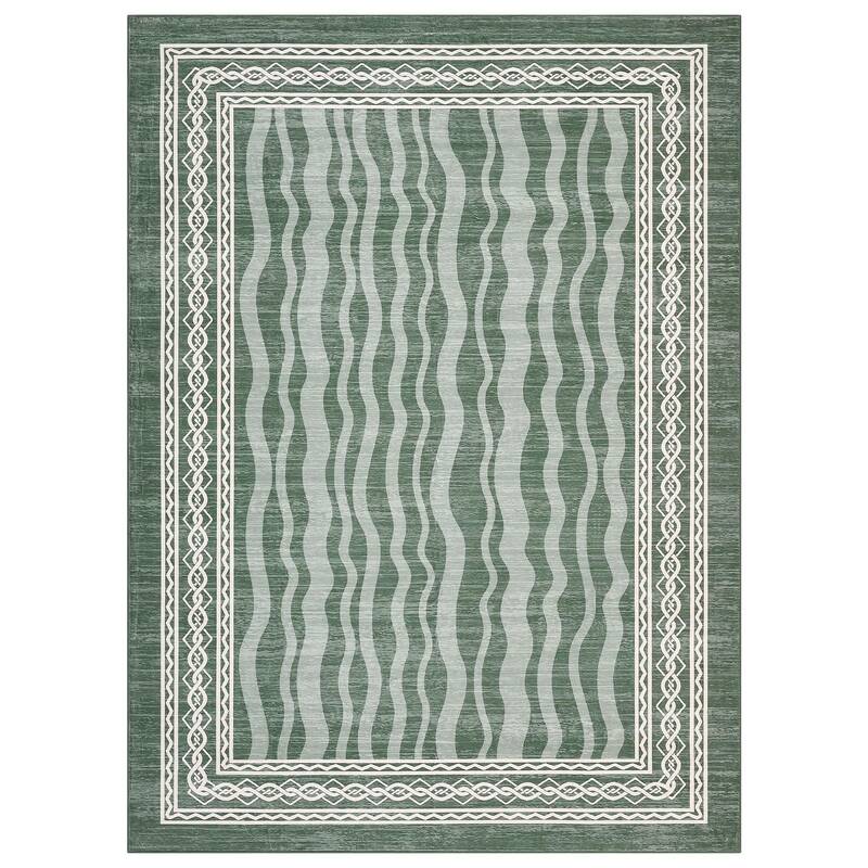 Garvee 8x10 Area Rug Modern Bordered Print Low Pile Machine Washable Faux Wool Non-Slip Stain Resistant Living Room Bedroom D...