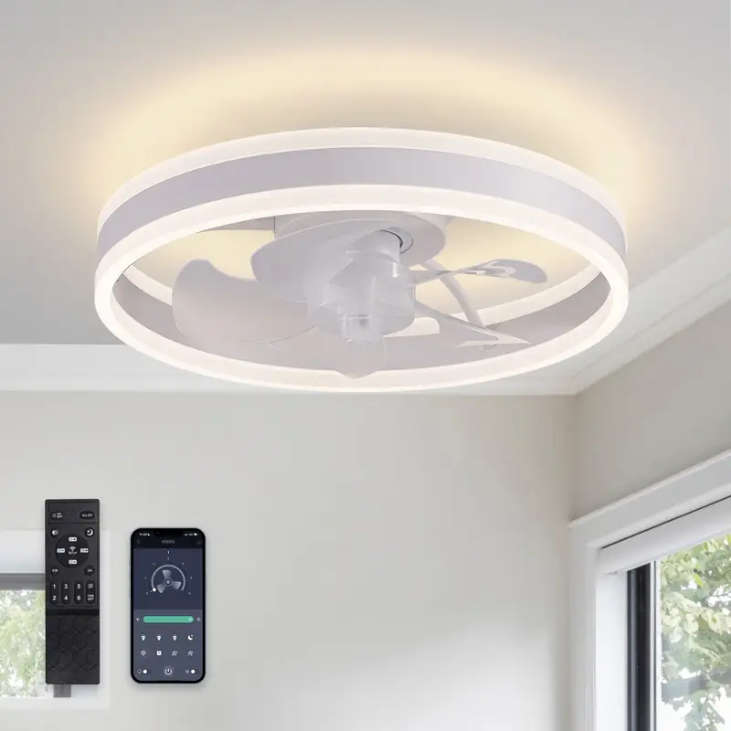 Ceiling Fans with Lights and Remote Flush Mount White Ceiling Fan with Light,6 Speeds,LED Modern 15\