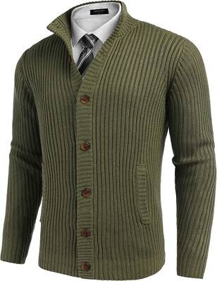 Stand Collar Button Down Sweaters (US Only), Army Green / S