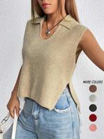 Women's Plain Split Hem Sweater Vest, Casual Fitted Solid Collar Sleeveless Knitwear Top for Summer, Fashion Ladies' Knit Clo...