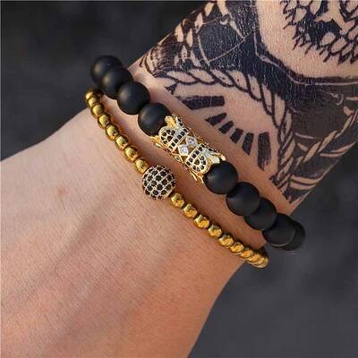 Fashion Retro Black Matte Bracelet Set with Zircon Crown