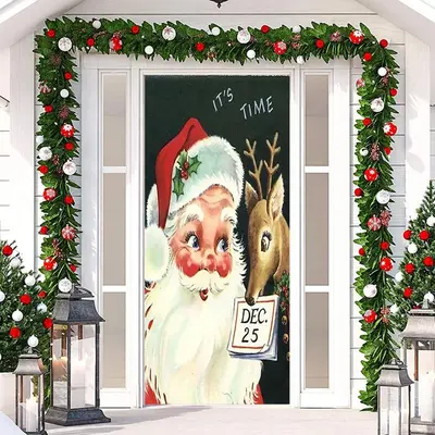 Its Time Santa Claus Elk Green Christmas Door Cover - Aperturee