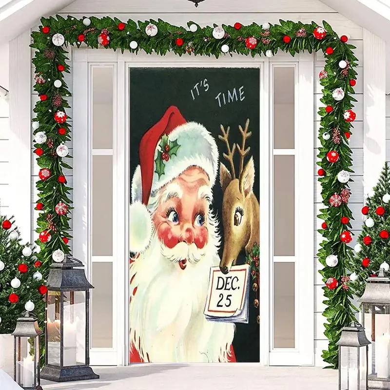 Its Time Santa Claus Elk Green Christmas Door Cover - Aperturee