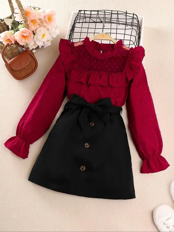 Two-Piece Set Girl's Solid Swiss Dot Frill Trim Sheer Blouse & Belted Skirt Set, Elegant Fashion Casual Mock Neck Long Sleeve...
