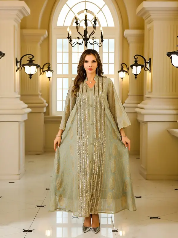 Elegant Long Sleeve Abaya Dress, Women's Fashionable Loose Fit, Comfortable Polyester Fabric, All Seasons Wear, Dubai Muslim ...