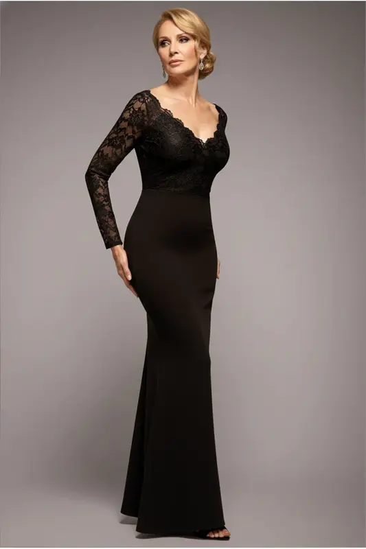 Goddiva Scalloped Lace Bodice Long Sleeve Bardot Maxi Dress - Black