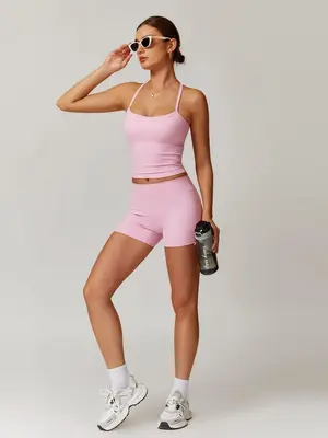 Women's Solid Backless Crop Cami Top & Shorts Sportswear Set, Sporty Sleeveless Top & Skinny Shorts, Ladies Sportswear for In...
