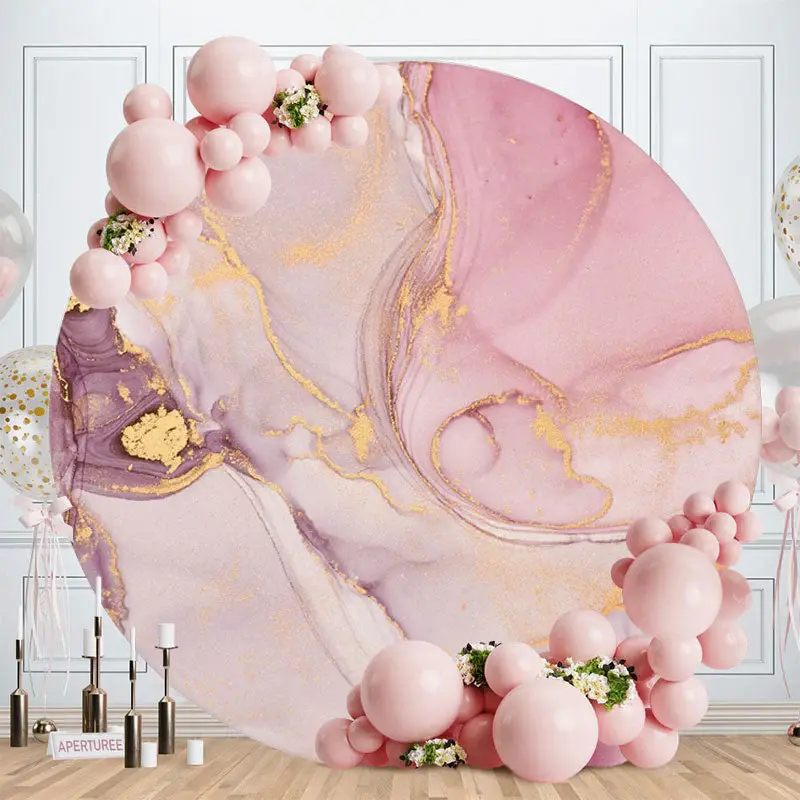 Aperturee Purple Marble Stripes Round Happy Birthday Backdrop